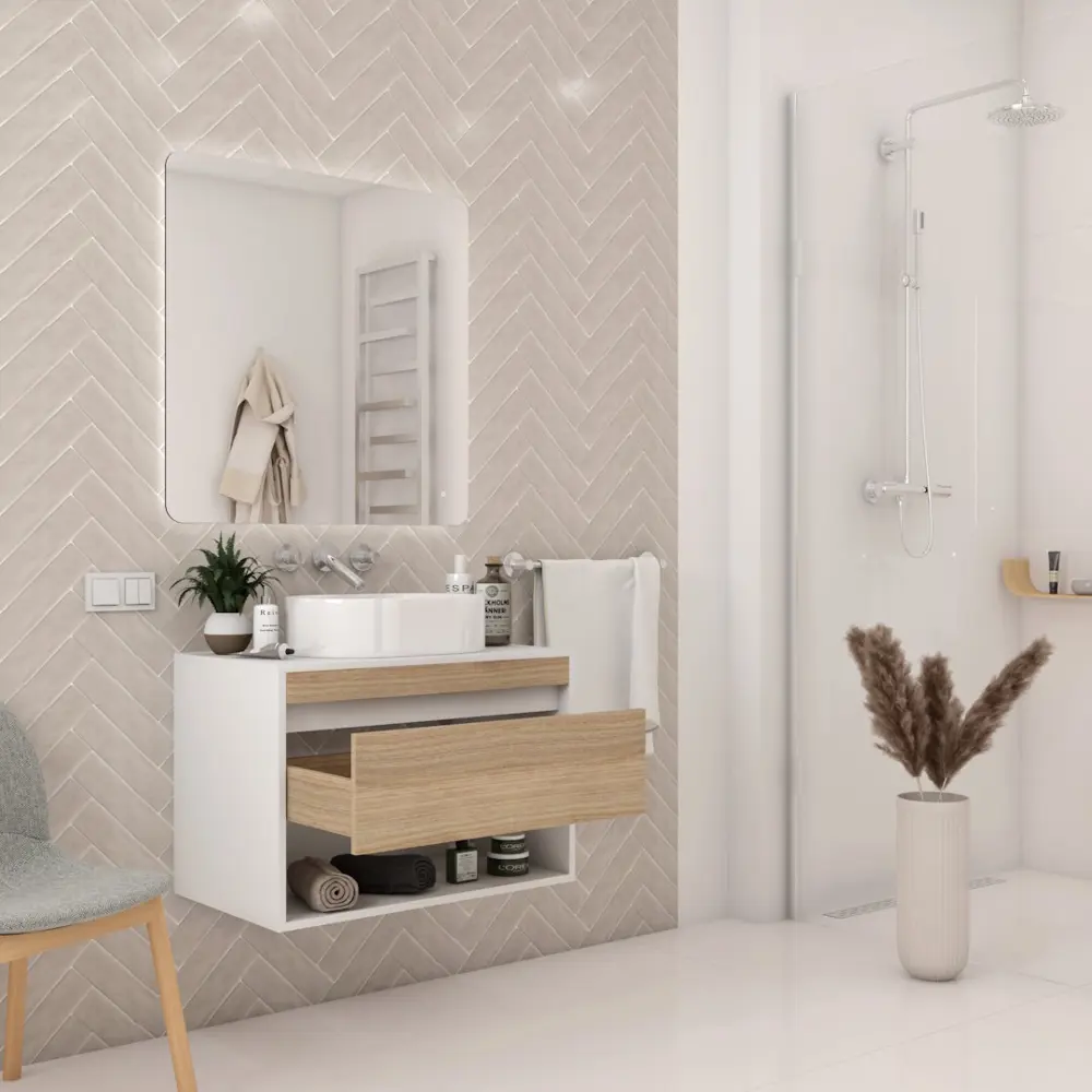 Фото 5 Тумба подвесная для ванной 75 см Teymi Ritta T60539 корпус белый фасад дуб