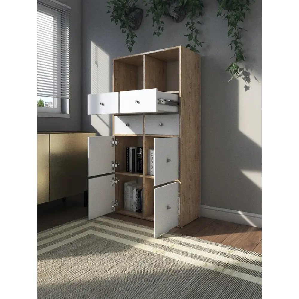 Фото 4 Стеллаж деревянный вертикальный 8 секций с фасадами и ящиками Wood&stone 68.8x136.5x34.5 см ЛДСП цвет белый/дуб Фото 4 Стеллаж деревянный вертикальный 8 секций с фасадами и ящиками Wood&stone 68.8x136.5x34.5 см ЛДСП цвет белый/дуб