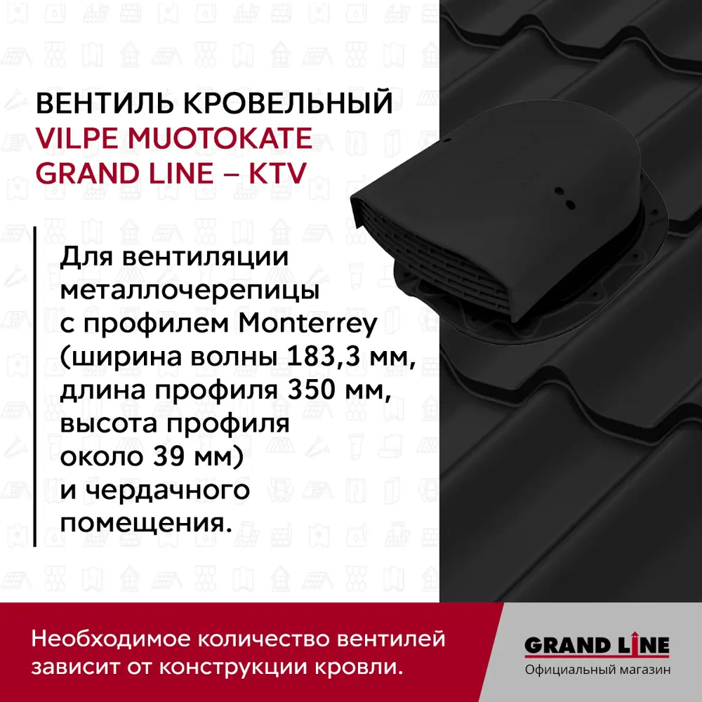 Фото 3 Вентиль кровельный GrandLine Muotokate черный Фото 3 Вентиль кровельный GrandLine Muotokate черный