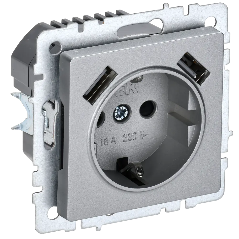 Фото Розетка USB встраиваемая Iek Brite BR-R14-16-U21-D21-K47 с заземлением цвет алюминий Фото Розетка USB встраиваемая Iek Brite BR-R14-16-U21-D21-K47 с заземлением цвет алюминий