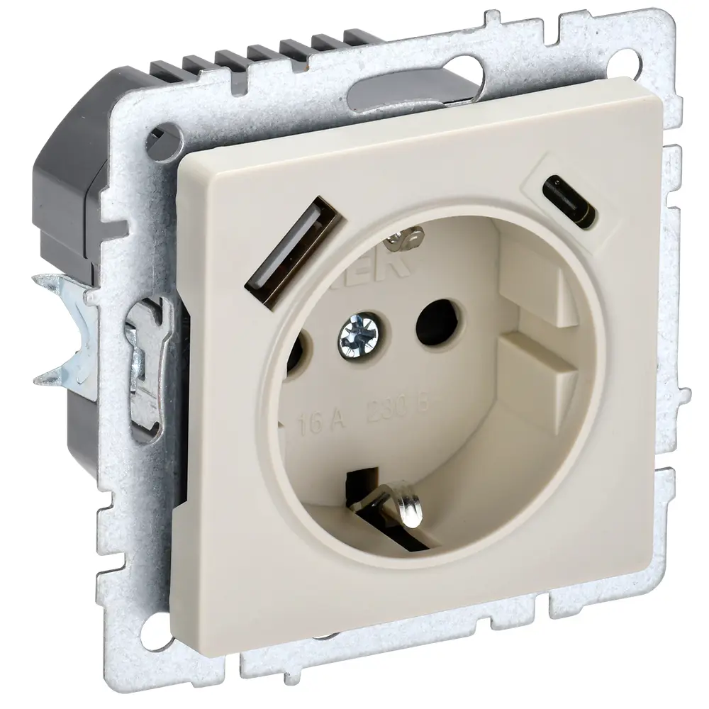 Фото 2 Розетка USB встраиваемая Iek Brite BR-R14-16-U22-018-K10 с заземлением цвет бежевый Фото 2 Розетка USB встраиваемая Iek Brite BR-R14-16-U22-018-K10 с заземлением цвет бежевый
