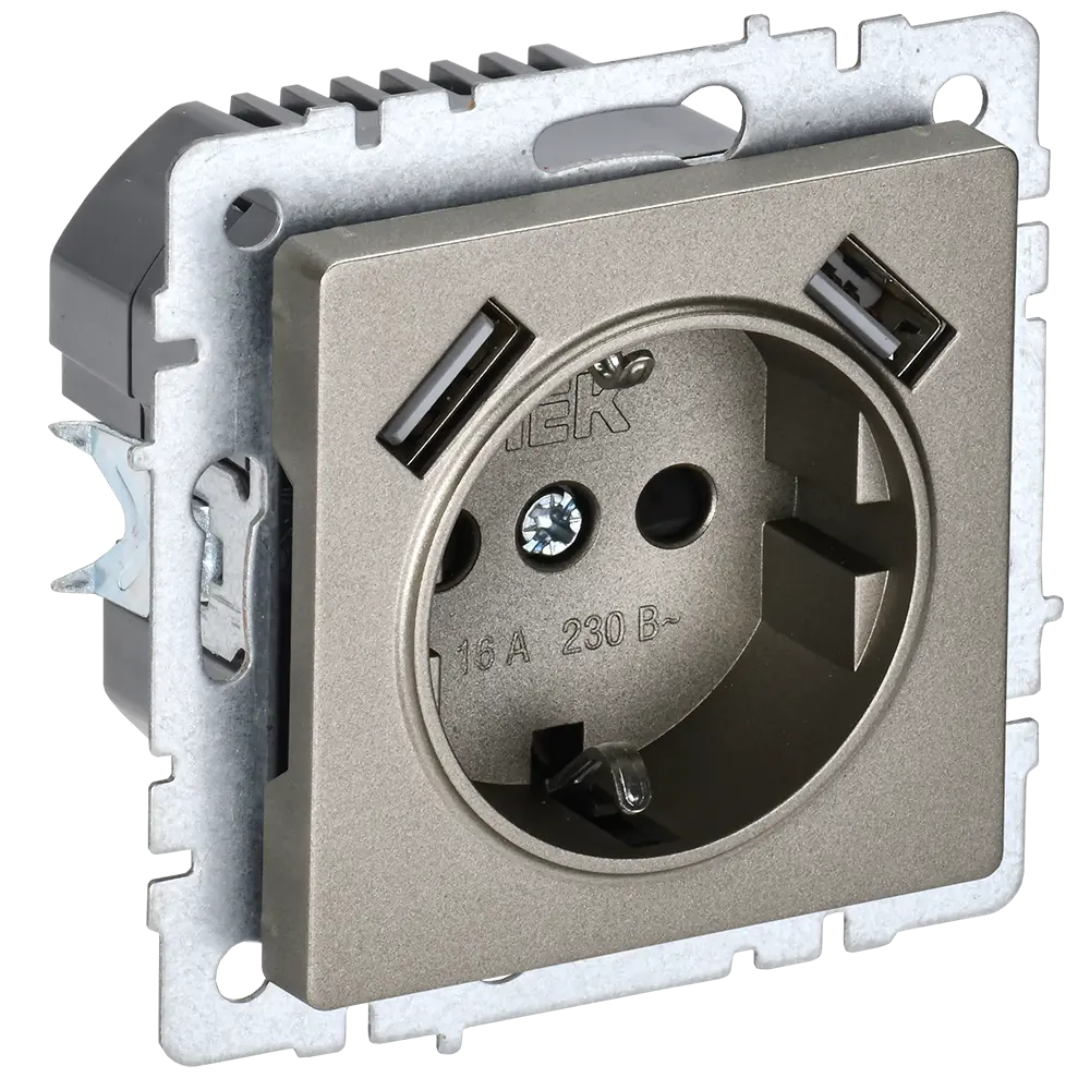 Фото Розетка USB встраиваемая Iek Brite BR-R14-16-U21-D21-K37 с заземлением цвет шампань Фото Розетка USB встраиваемая Iek Brite BR-R14-16-U21-D21-K37 с заземлением цвет шампань