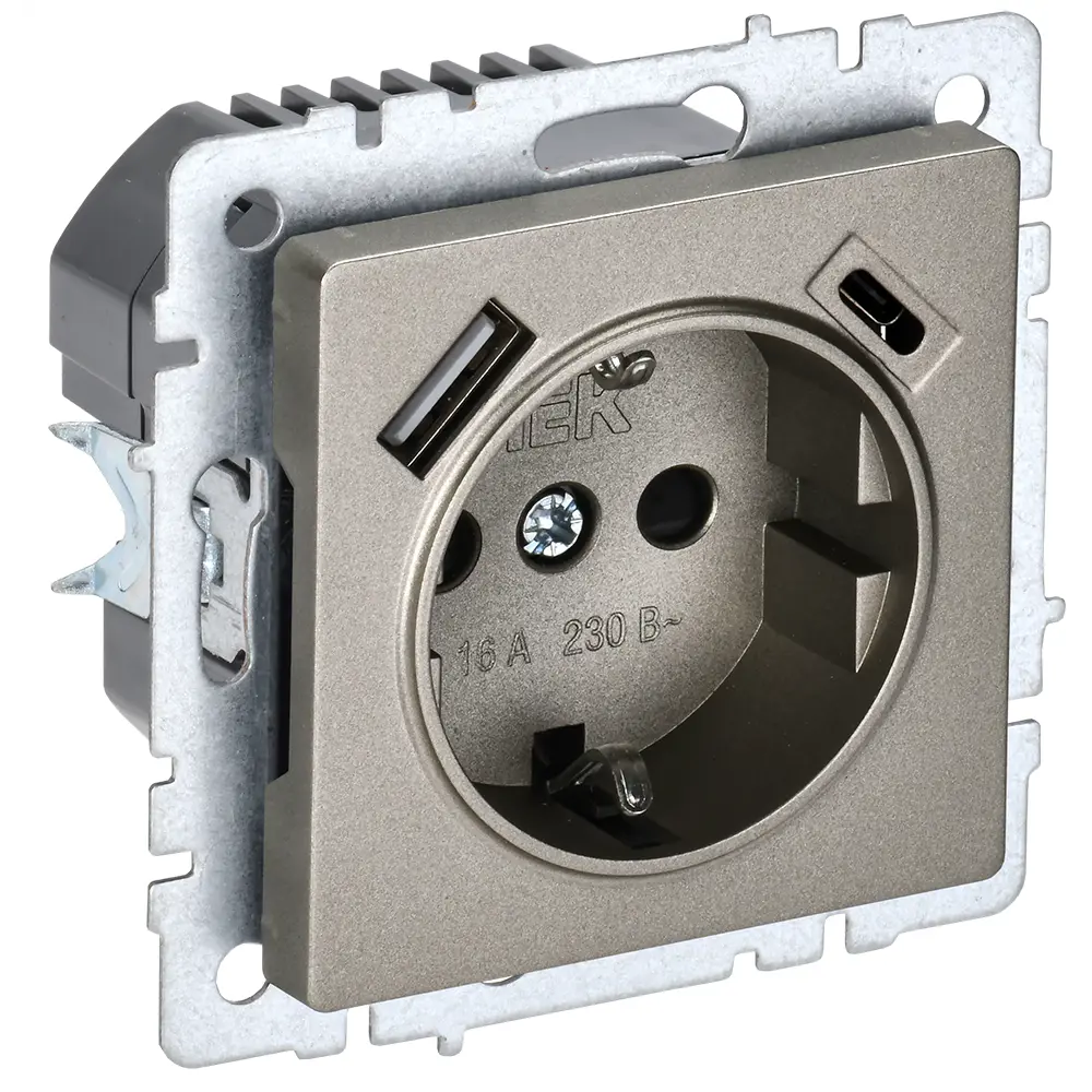 Фото 2 Розетка USB встраиваемая Iek Brite BR-R14-16-U22-018-K37 с заземлением цвет шампань Фото 2 Розетка USB встраиваемая Iek Brite BR-R14-16-U22-018-K37 с заземлением цвет шампань