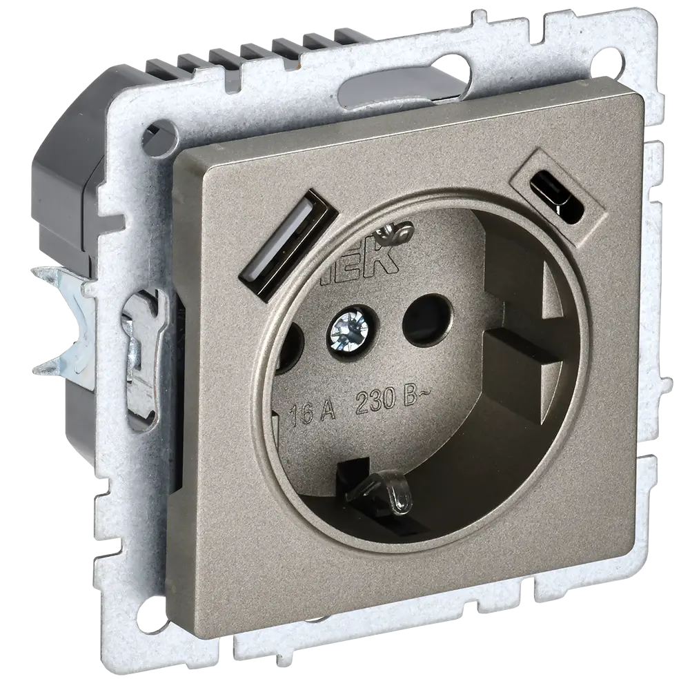 Фото Розетка USB встраиваемая Iek Brite BR-R14-16-U22-018-K37 с заземлением цвет шампань Фото Розетка USB встраиваемая Iek Brite BR-R14-16-U22-018-K37 с заземлением цвет шампань