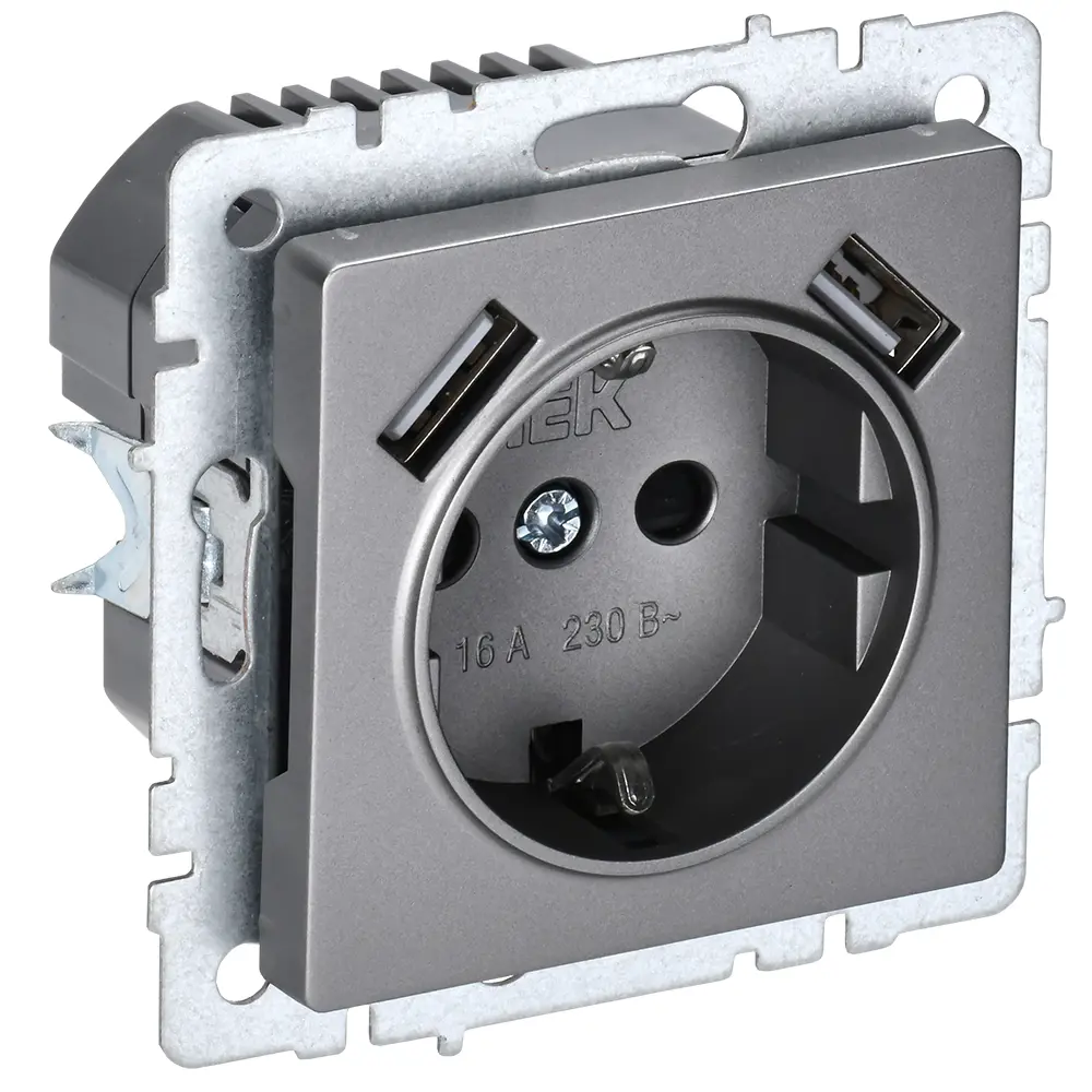 Фото 2 Розетка USB встраиваемая Iek Brite BR-R14-16-U21-D21-K46 с заземлением цвет сталь Фото 2 Розетка USB встраиваемая Iek Brite BR-R14-16-U21-D21-K46 с заземлением цвет сталь