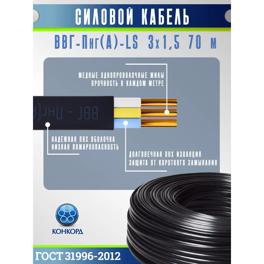 Фото 3 Кабель Конкорд ВВГ-Пнг(A)-LS 3х1.5 70 м ГОСТ
