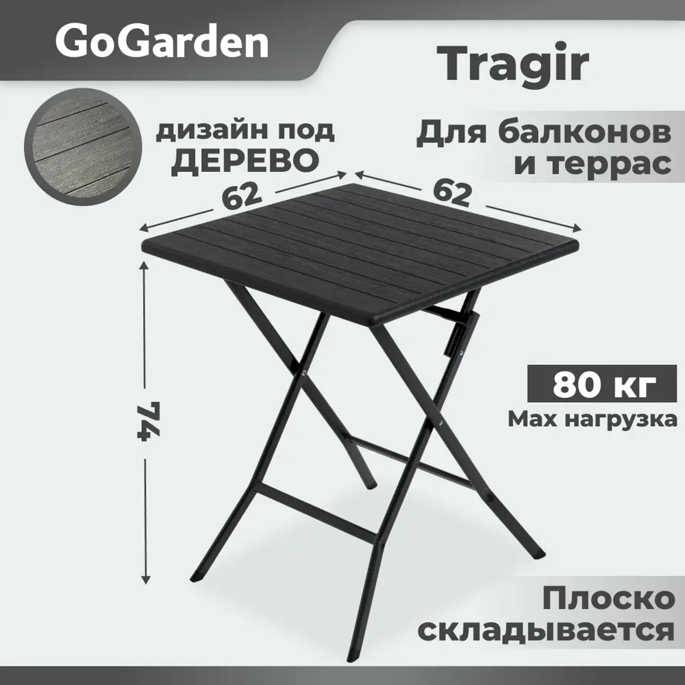Фото Стол складной Gogarden Tragir 62 см x 62 см x 74 см 100% пластик черный