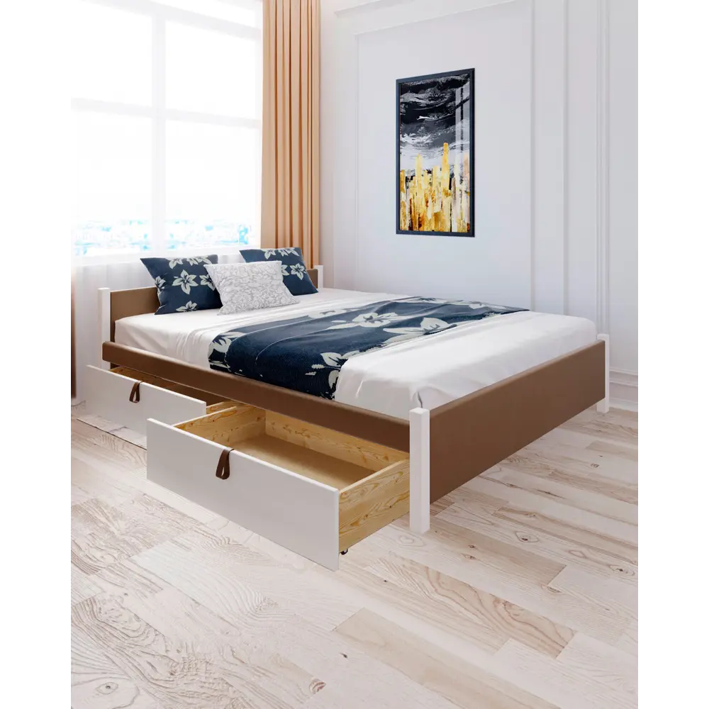 Фото Кровать Solarius Классика с 2 ящиками 150x63x200 см дерево с реечным основанием цвет коричневый/белый Фото Кровать Solarius Классика с 2 ящиками 150x63x200 см дерево с реечным основанием цвет коричневый/белый