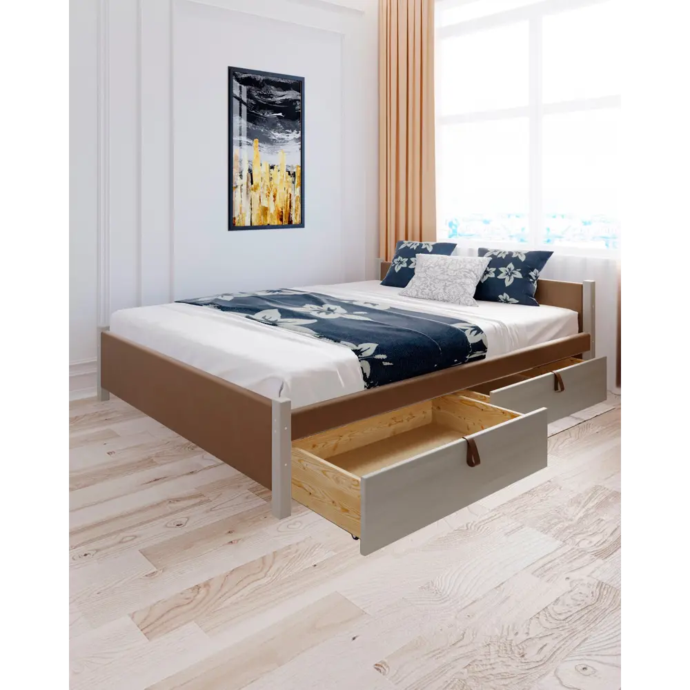 Фото 5 Кровать Solarius Классика с 2 ящиками 130x63x200 см дерево с реечным основанием цвет коричневый/платиновый Фото 5 Кровать Solarius Классика с 2 ящиками 130x63x200 см дерево с реечным основанием цвет коричневый/платиновый