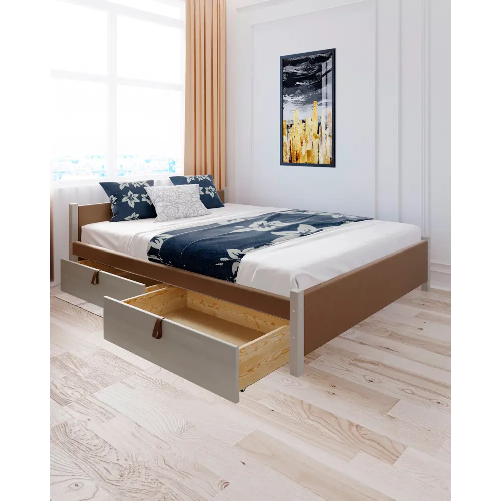 Фото Кровать Solarius Классика с 2 ящиками 150x63x200 см дерево с реечным основанием цвет коричневый/платиновый Фото Кровать Solarius Классика с 2 ящиками 150x63x200 см дерево с реечным основанием цвет коричневый/платиновый