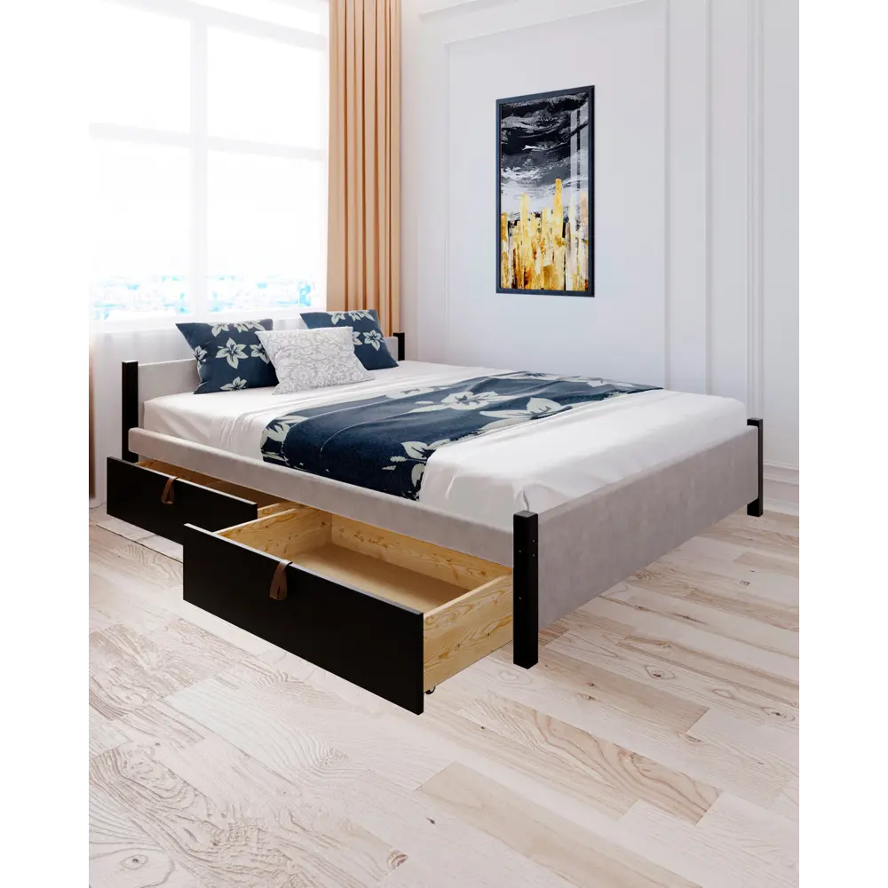 Фото Кровать Solarius Классика с 4 ящиками 130x63x200 см дерево со сплошным основанием цвет светло-серый/черный оникс Фото Кровать Solarius Классика с 4 ящиками 130x63x200 см дерево со сплошным основанием цвет светло-серый/черный оникс