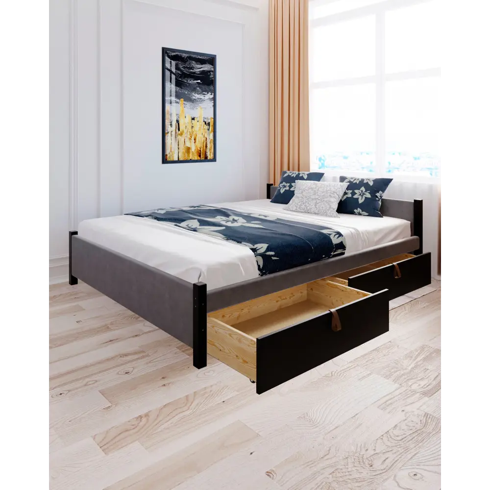 Фото 5 Кровать Solarius Классика с 4 ящиками 130x63x200 см дерево с реечным основанием цвет темно-серый/черный оникс Фото 5 Кровать Solarius Классика с 4 ящиками 130x63x200 см дерево с реечным основанием цвет темно-серый/черный оникс