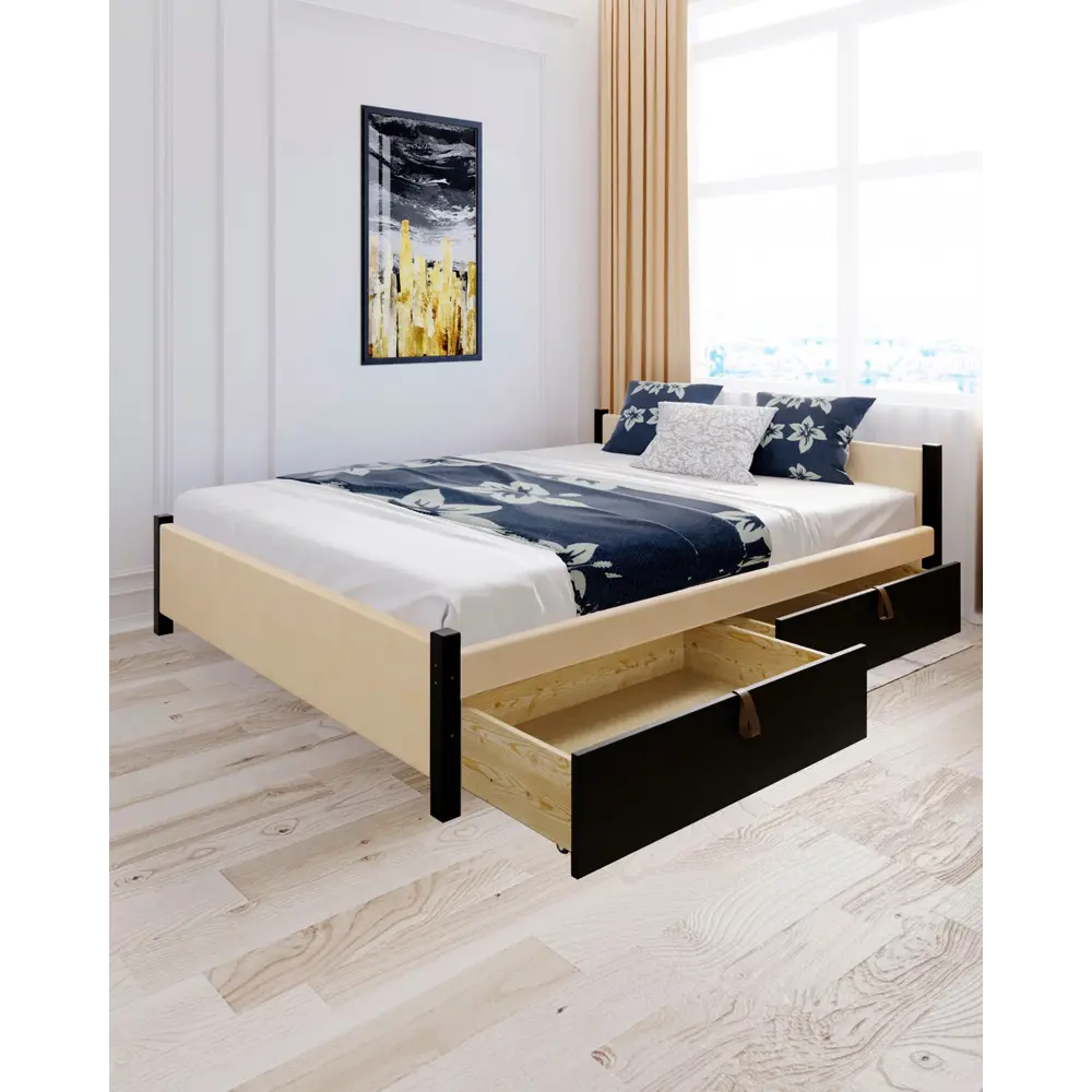 Фото 5 Кровать Solarius Классика с 4 ящиками 130x63x210 см дерево с реечным основанием цвет бежевый/черный оникс Фото 5 Кровать Solarius Классика с 4 ящиками 130x63x210 см дерево с реечным основанием цвет бежевый/черный оникс