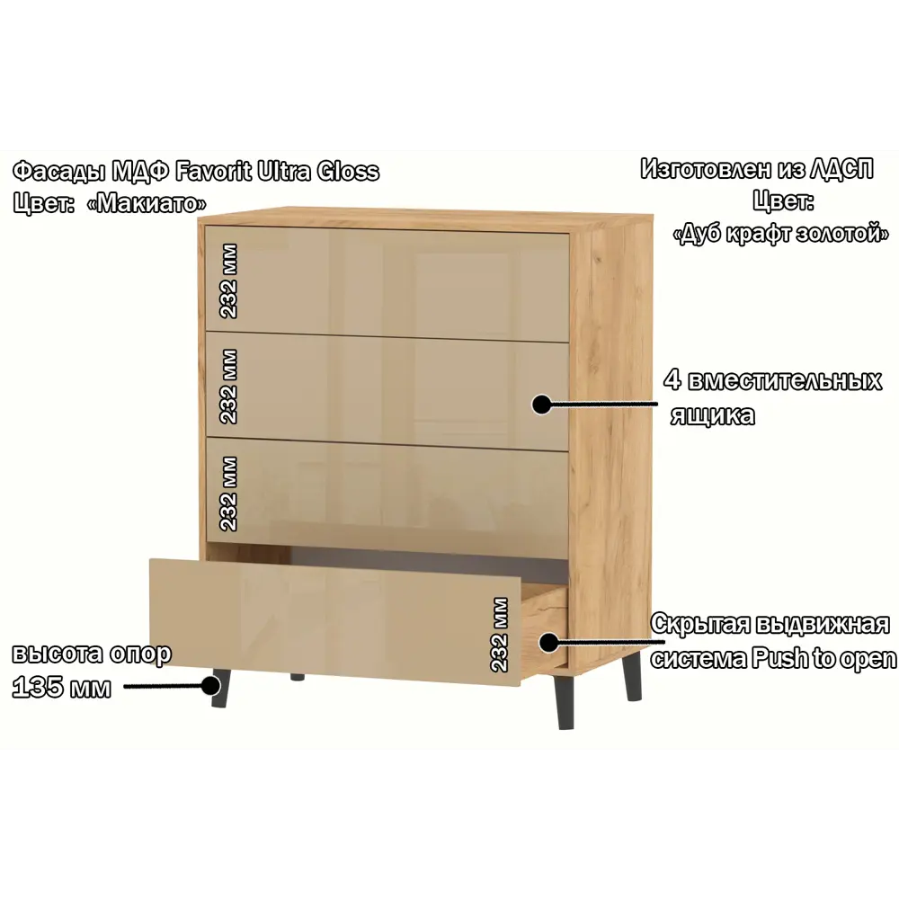 Фото 2 Комод Furnistyle КВ-03 4 ящика 90.2х50.5х110 см ЛДСП цвет дуб крафт золотой/макиато Фото 2 Комод Furnistyle КВ-03 4 ящика 90.2х50.5х110 см ЛДСП цвет дуб крафт золотой/макиато
