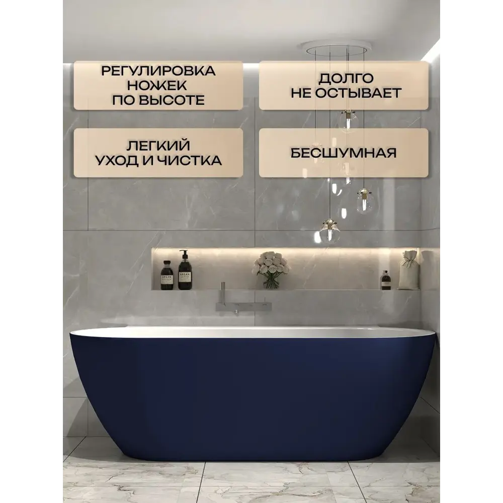 Фото 2 Ванна Watersense Alina акриловая 170x80 пристенная синяя матовая Фото 2 Ванна Watersense Alina акриловая 170x80 пристенная синяя матовая