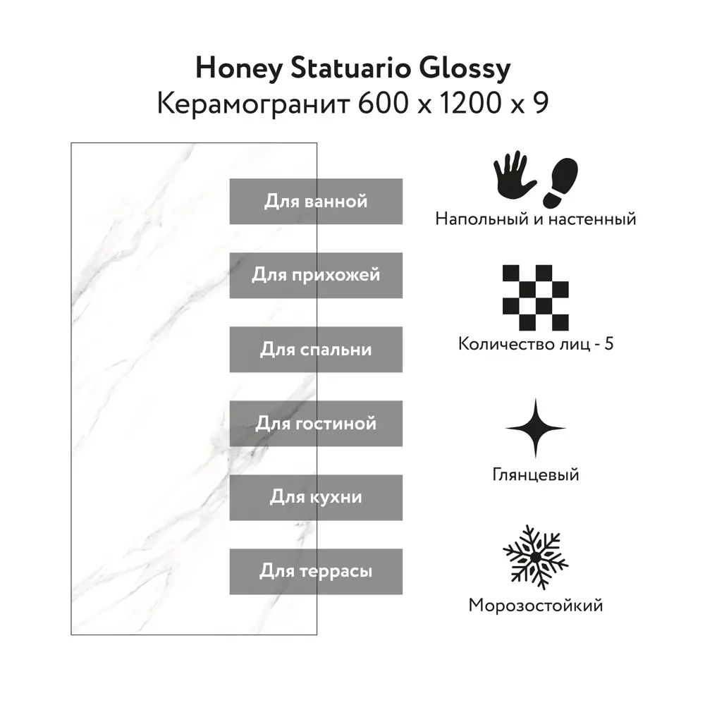 Фото 2 Керамогранит Kerald Honey Statuario Glossy 60x120см цвет белый Фото 2 Керамогранит Kerald Honey Statuario Glossy 60x120см цвет белый