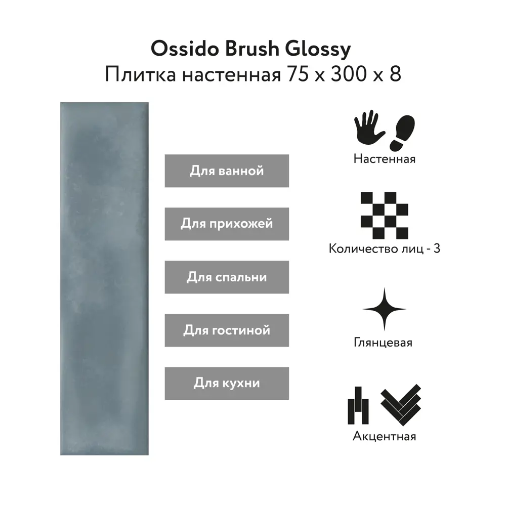 Фото 3 Керамогранит Kerald Ossido brush Glossy 7.5x30см цвет синий Фото 3 Керамогранит Kerald Ossido brush Glossy 7.5x30см цвет синий
