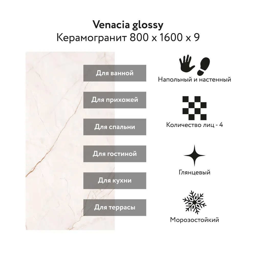 Фото 2 Керамогранит Kerald Venacia glossy 80x160см 2.56 м² цвет бежевый Фото 2 Керамогранит Kerald Venacia glossy 80x160см 2.56 м² цвет бежевый