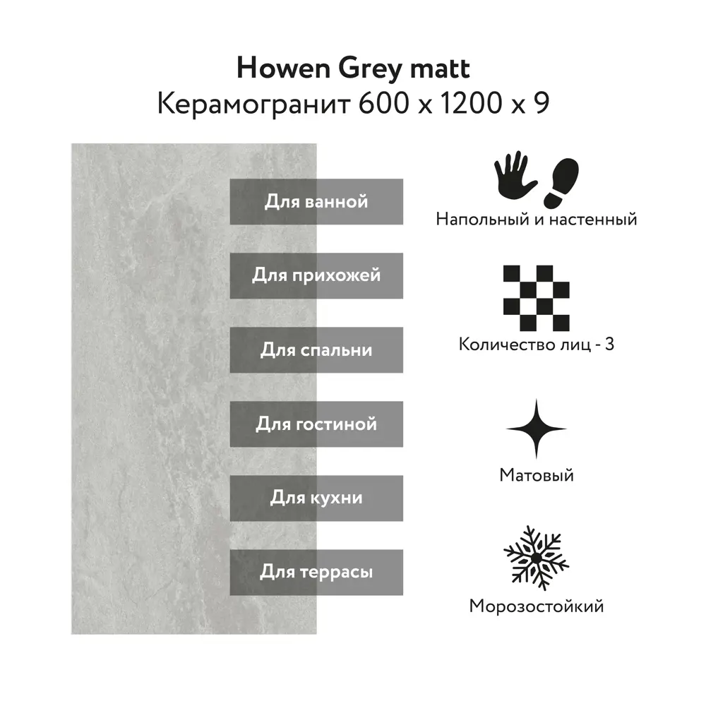 Фото 3 Керамогранит Kerald Howen Grey matt 60x120см цвет серый Фото 3 Керамогранит Kerald Howen Grey matt 60x120см цвет серый