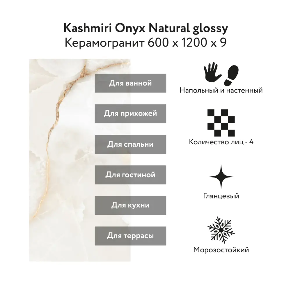 Фото 3 Керамогранит Kerald Kashmiri Onyx Natural glossy 60x120см цвет серый