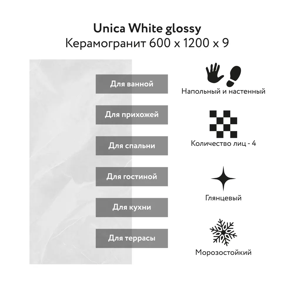 Фото 2 Керамогранит Kerald Unica White glossy 60x120см цвет серый Фото 2 Керамогранит Kerald Unica White glossy 60x120см цвет серый