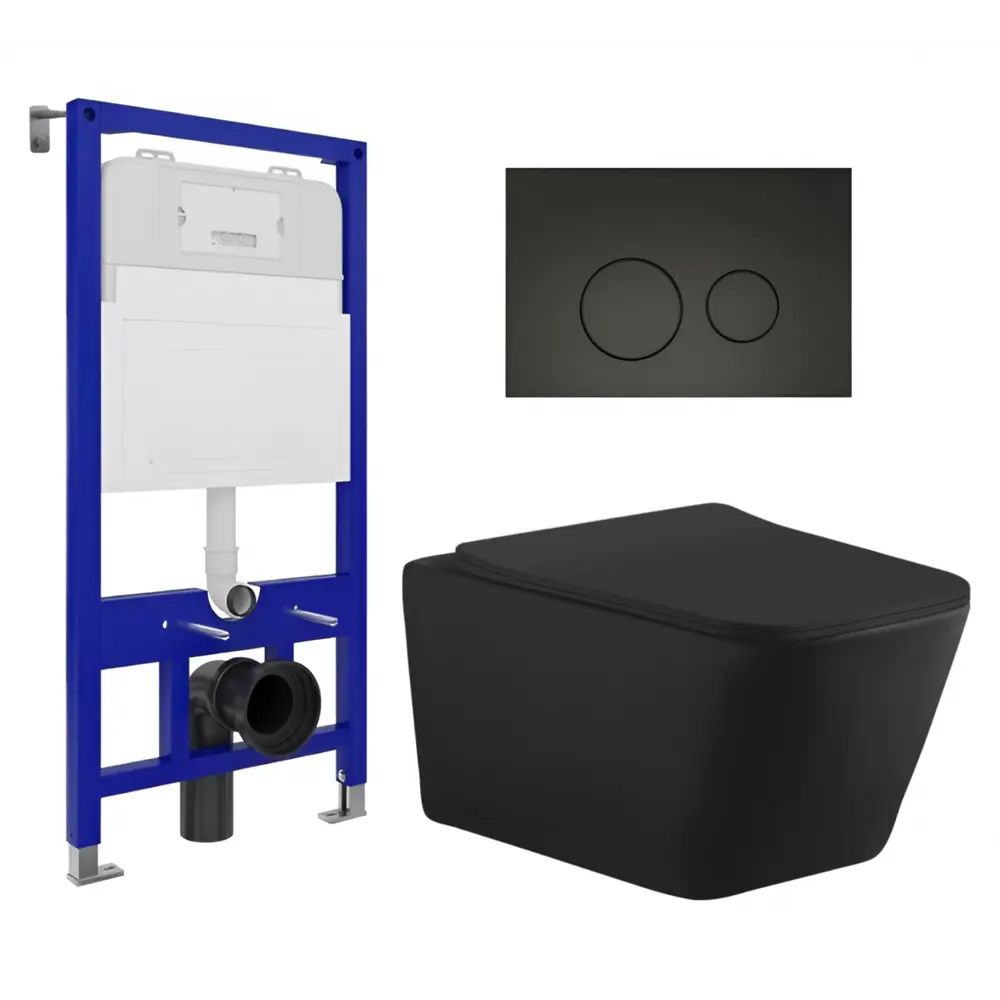 Фото Комплект инсталляция с унитазом 3 в 1 инсталляция Enio Tecnico 52 унитаз Aquanet Tavr-W BW 287011 кнопка черная матовая Rotondo