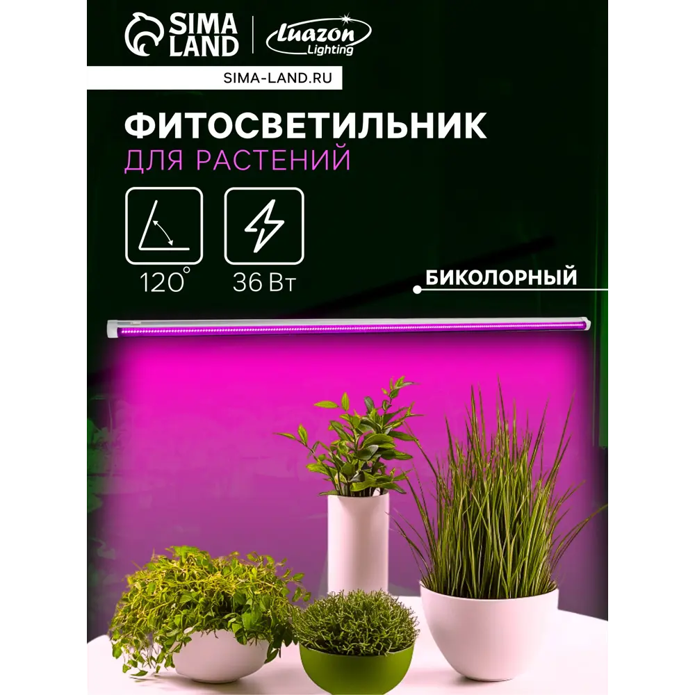 Фото Фитосветильник линейный Luazon lighting 7064508 120 см 36 Вт красно-синий спектр для цветущих растений розовый свет Фото Фитосветильник линейный Luazon lighting 7064508 120 см 36 Вт красно-синий спектр для цветущих растений розовый свет