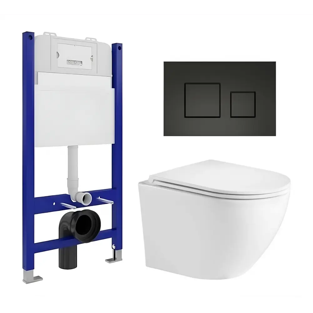 Фото Комплект инсталяция с унитазом 3 в 1 инсталляция Enio Tecnico 50 унитаз WeltWasser Merzbach GL-WT кнопка черная матовая Cubo