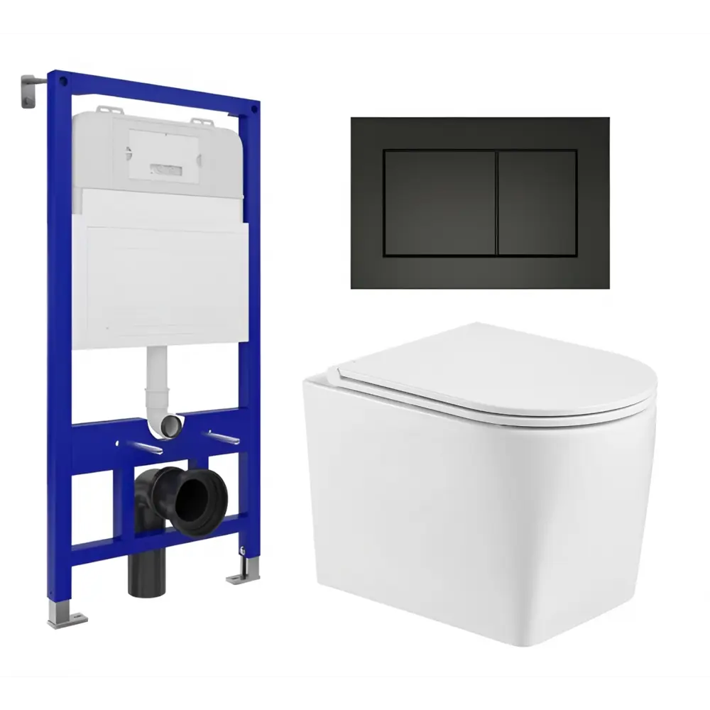 Фото Комплект инсталяция с унитазом 3 в 1 инсталляция Enio Tecnico 52 унитаз WeltWasser Nesenbach GL-WT кнопка черная матовая Quadro Фото Комплект инсталяция с унитазом 3 в 1 инсталляция Enio Tecnico 52 унитаз WeltWasser Nesenbach GL-WT кнопка черная матовая Quadro