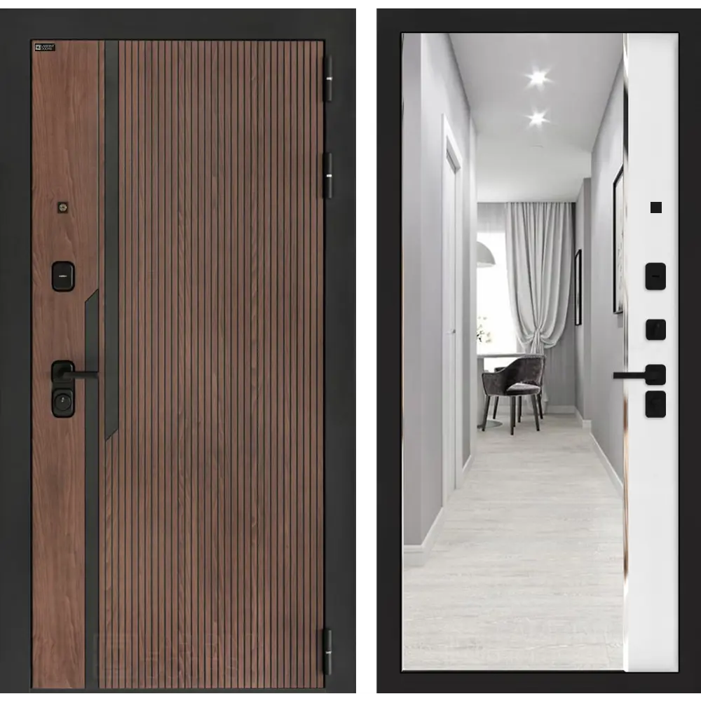 Фото Дверь входная Лабиринт Кармина правый 205x96см цвет орех американский с патиной/белый софт с зеркалом Панорама