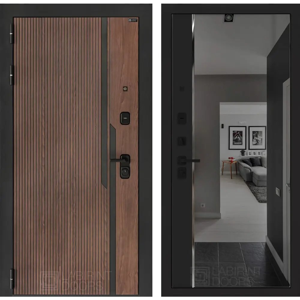 Фото Дверь входная Лабиринт Кармина левый 205x96см цвет орех американский с патиной/черный кварц с зеркалом Панорама с тонировкой