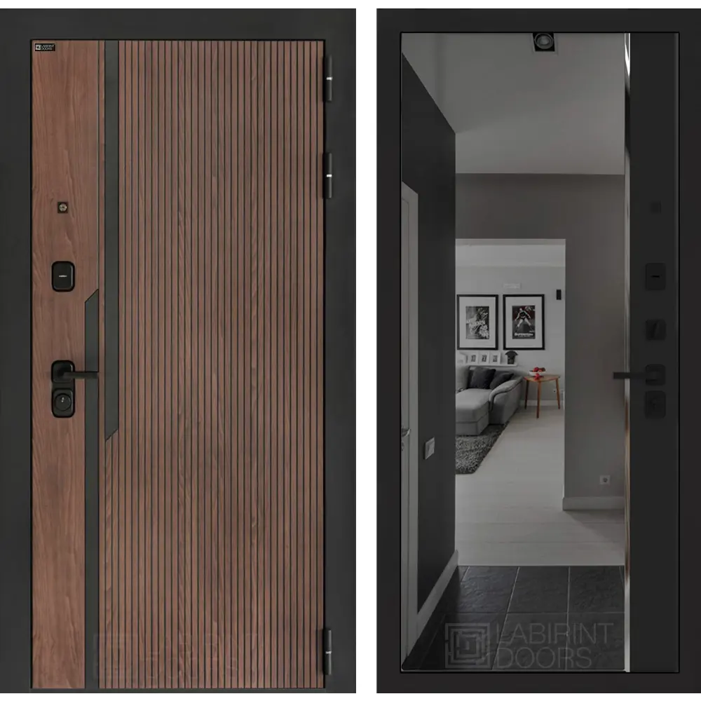Фото Дверь входная Лабиринт Кармина правый 205x96см цвет орех американский с патиной/черный кварц с зеркалом Панорама с тонировкой