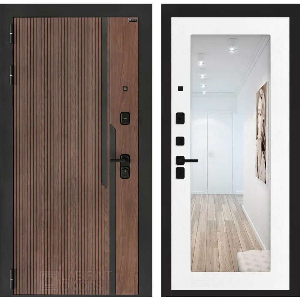 Фото Дверь входная Лабиринт Кармина левый 205x88см цвет орех американский с патиной/белое дерево с зеркалом П18