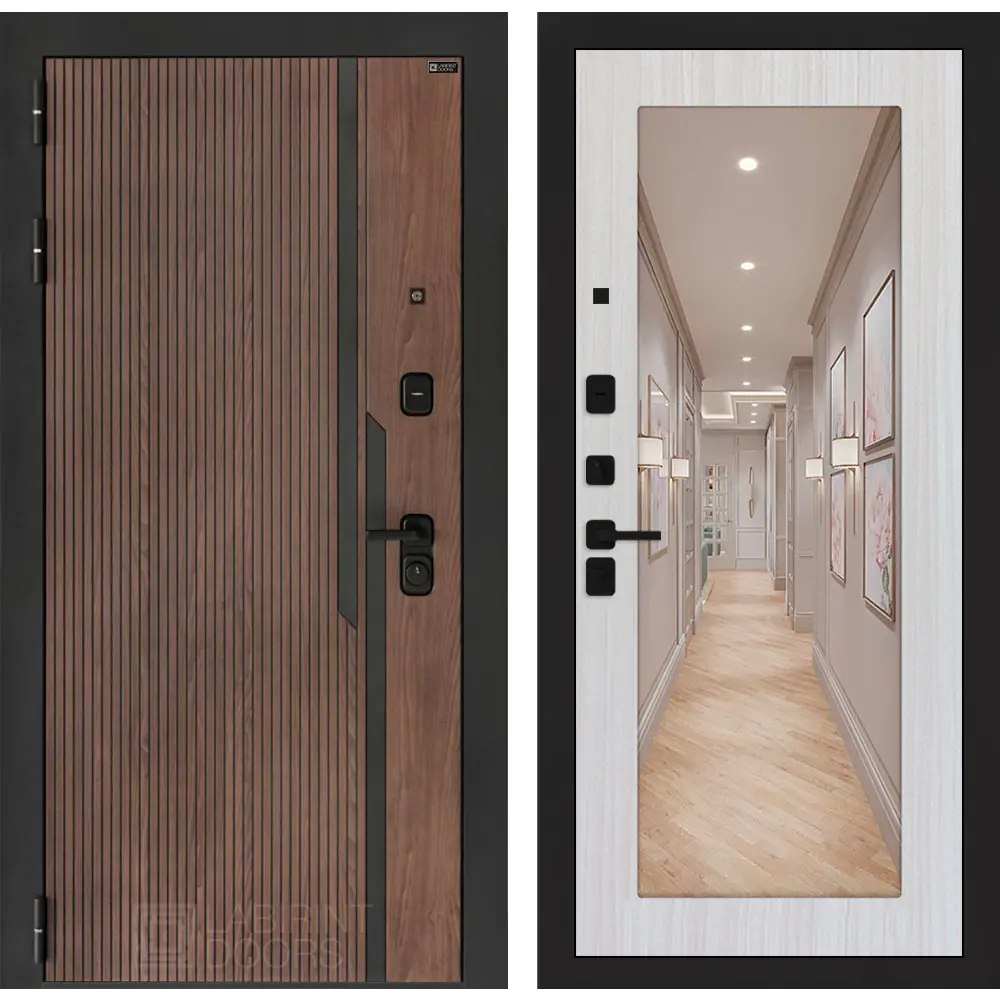 Фото Дверь входная Лабиринт Кармина левый 205x96см цвет орех американский с патиной/сандал белый с зеркалом П18