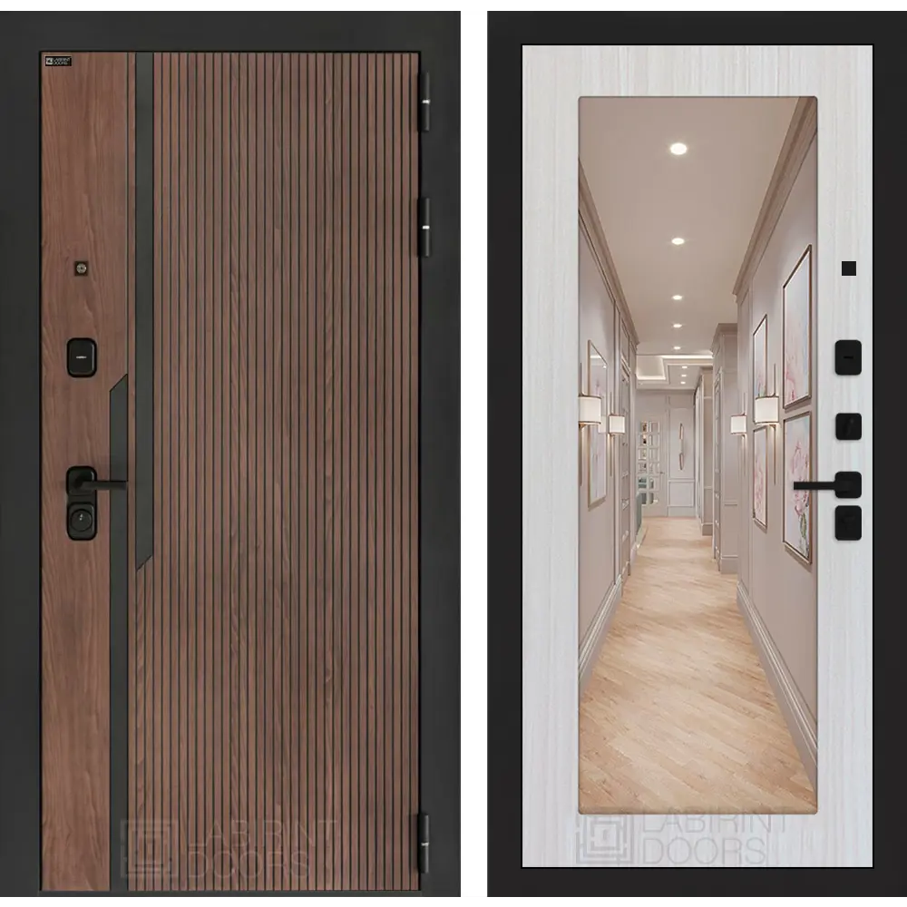 Фото Дверь входная Лабиринт Кармина правый 205x96см цвет орех американский с патиной/сандал белый с зеркалом П18