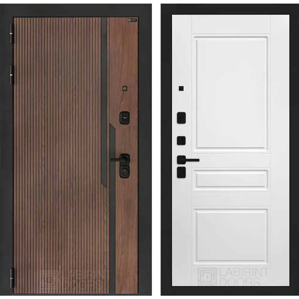 Фото Дверь входная Лабиринт Кармина левый 205x88см цвет орех американский с патиной/белый софт с панелью П03