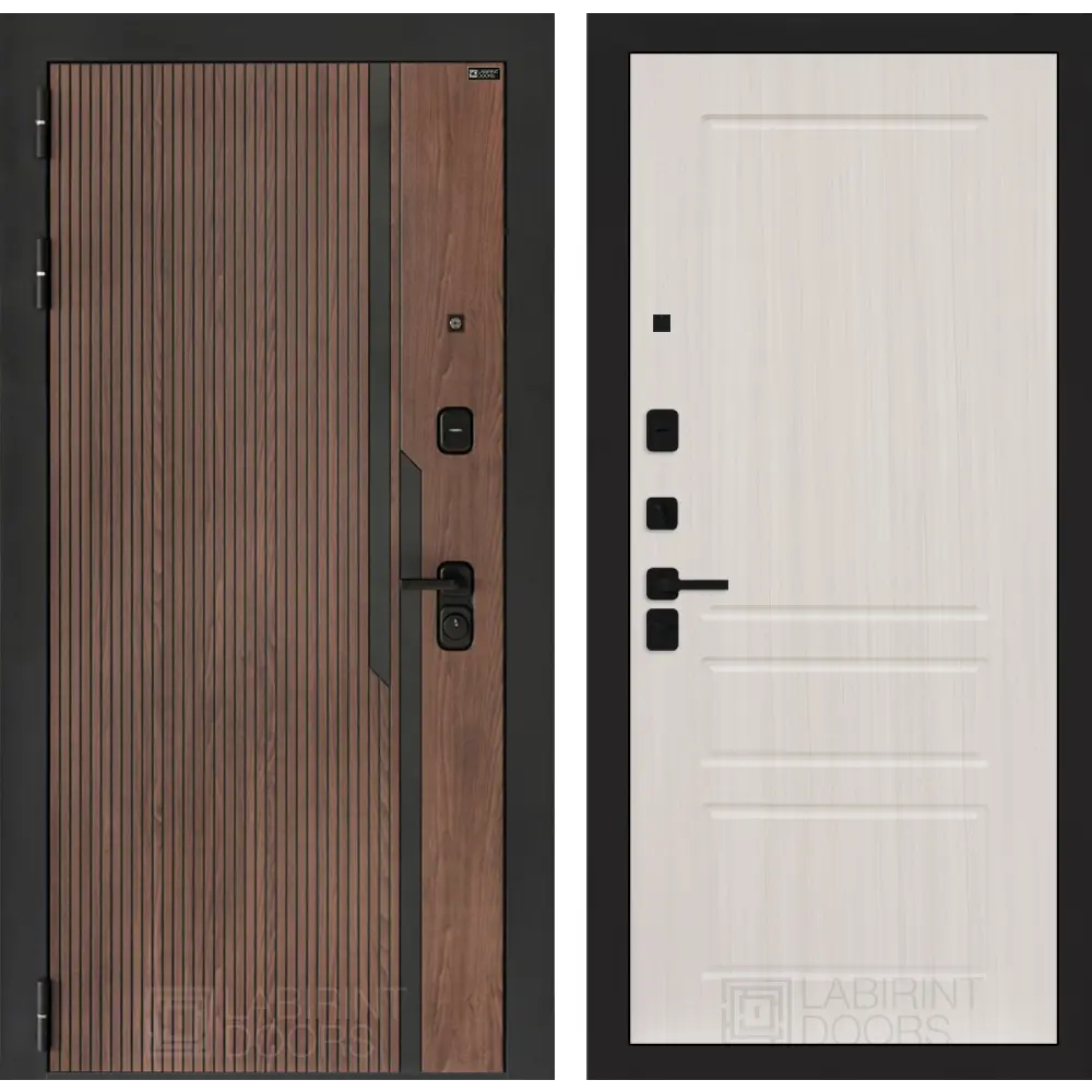 Фото Дверь входная Лабиринт Кармина левый 205x88см цвет орех американский с патиной/сандал белый с панелью П03