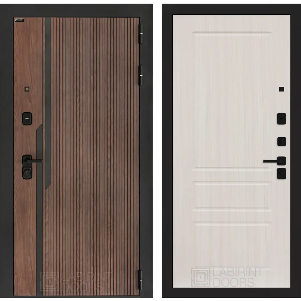 Фото Дверь входная Лабиринт Кармина правый 205x96см цвет орех американский с патиной/сандал белый с панелью П03