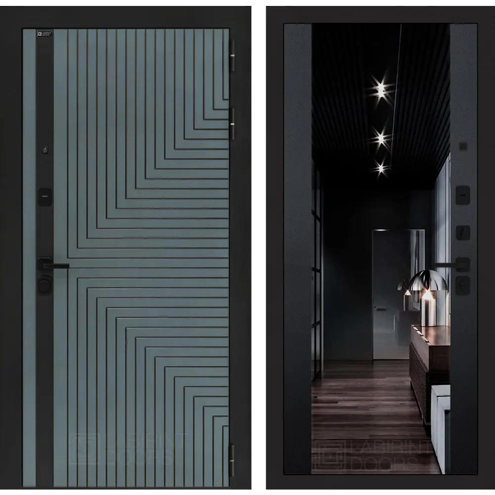 Фото Дверь входная Лабиринт Кредор правый 205x88см цвет серо-зеленый с патиной/черный кварц с зеркалом ФЛЗ-1