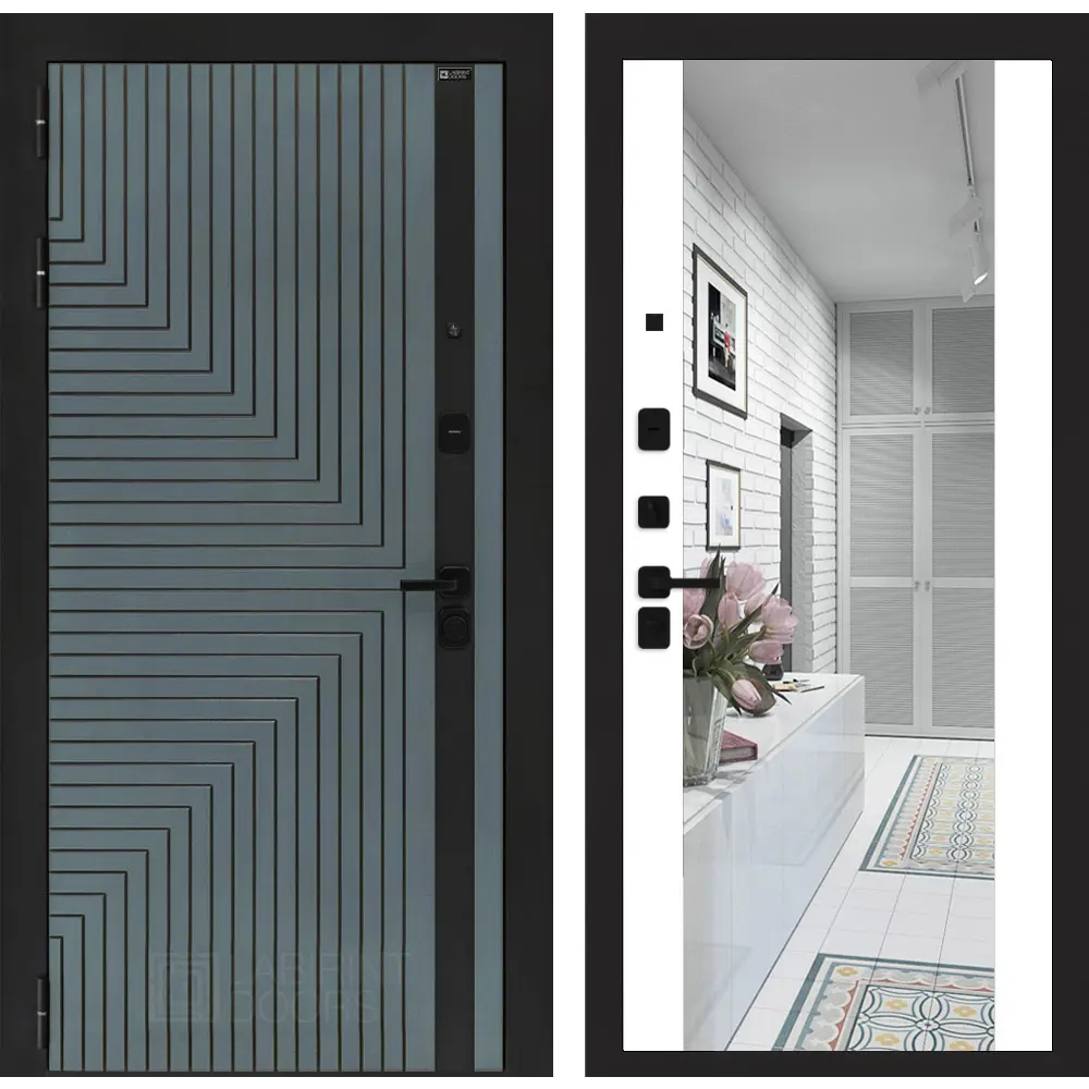 Фото Дверь входная Лабиринт Кредор левый 205x96см цвет серо-зеленый с патиной/белый софт с зеркалом ФЛЗ-1