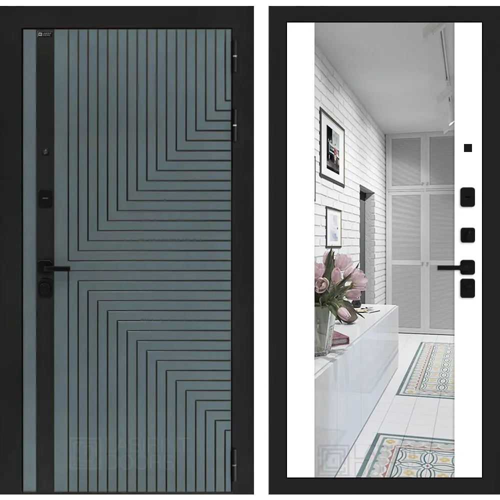 Фото Дверь входная Лабиринт Кредор правый 205x96см цвет серо-зеленый с патиной/белый софт с зеркалом ФЛЗ-1