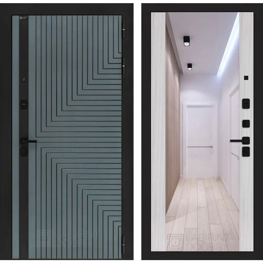 Фото Дверь входная Лабиринт Кредор правый 205x96см цвет серо-зеленый с патиной/сандал белый с зеркалом ФЛЗ-1
