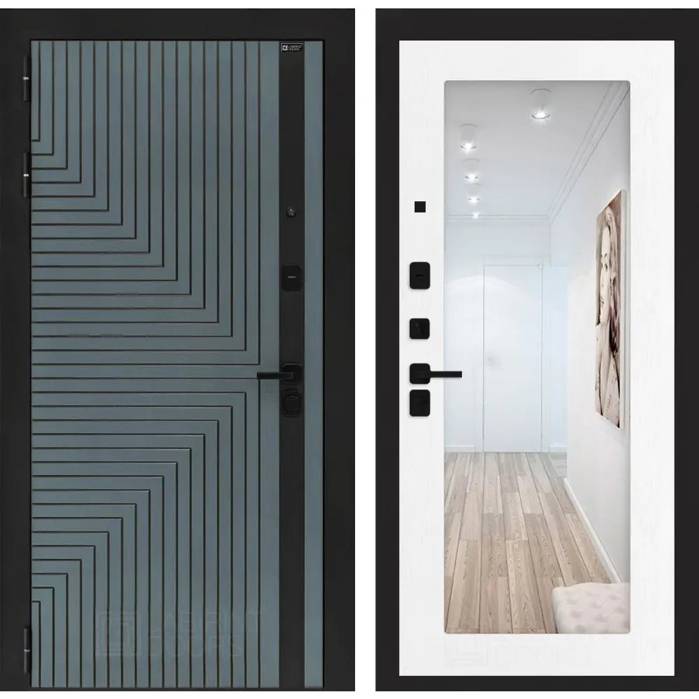 Фото Дверь входная Лабиринт Кредор левый 205x96см цвет серо-зеленый с патиной/белое дерево с зеркалом П18