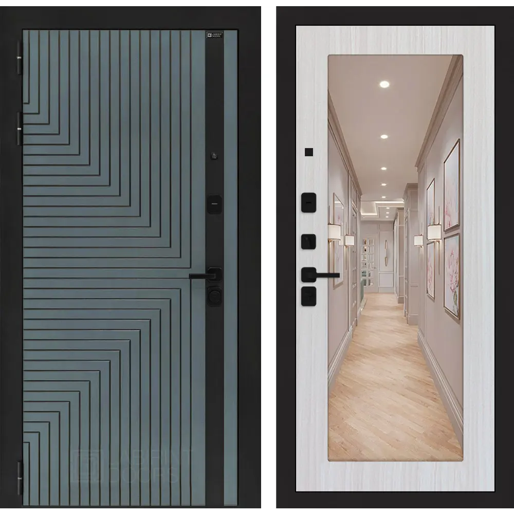 Фото Дверь входная Лабиринт Кредор левый 205x88см цвет серо-зеленый с патиной/сандал белый с зеркалом П18