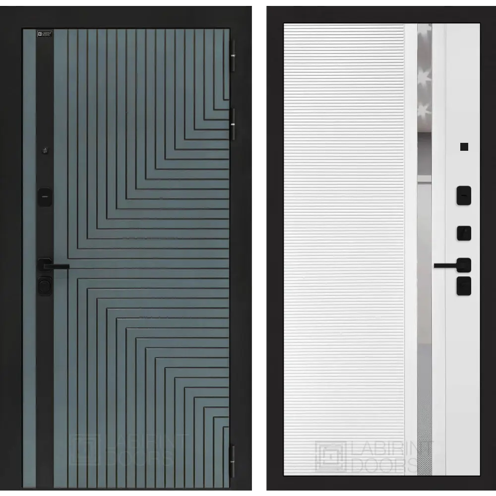 Фото Дверь входная Лабиринт Кредор правый 205x88см цвет серо-зеленый с патиной/белый софт с зеркалом П31