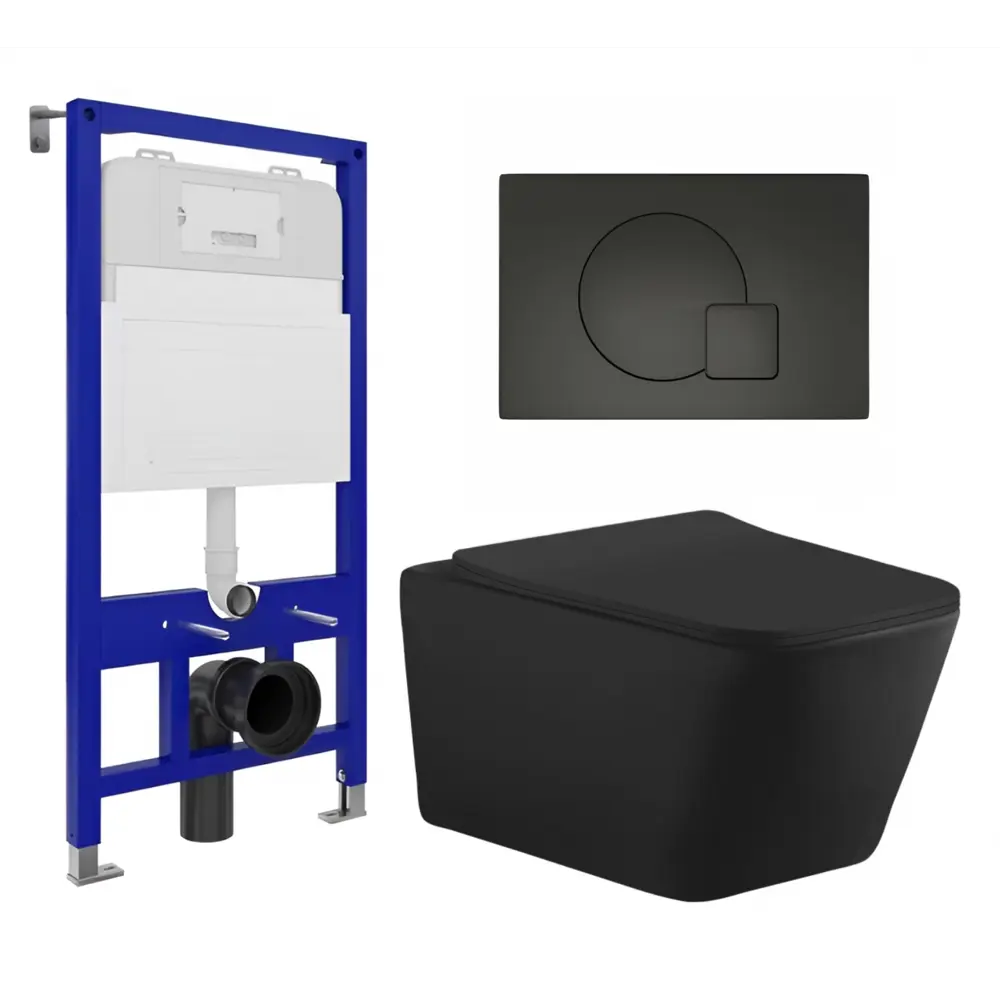 Фото Комплект инсталяция с унитазом 3 в 1 инсталляция Enio Tecnico 52 унитаз Aquanet Tavr-W BW кнопка черная матовая Geometria