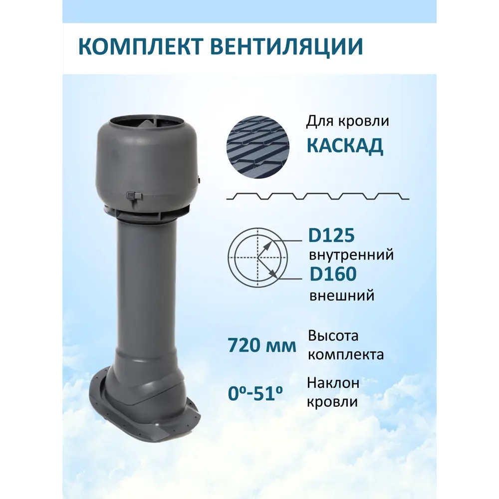 Фото Вентиляционный выход Татполимер c колпаком ⌀160мм 700мм и с проходным элементом для металлочерепицы Каскад RAL7024 Фото Вентиляционный выход Татполимер c колпаком ⌀160мм 700мм и с проходным элементом для металлочерепицы Каскад RAL7024