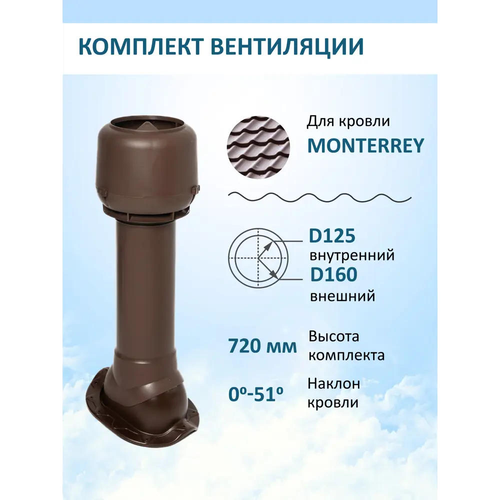Фото Вентиляционный выход Татполимер c колпаком ⌀160мм 700мм и с проходным элементом для металлочерепицы Monterrey RAL8017 Фото Вентиляционный выход Татполимер c колпаком ⌀160мм 700мм и с проходным элементом для металлочерепицы Monterrey RAL8017
