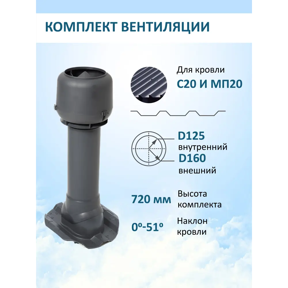 Фото Вентиляционный выход Татполимер c колпаком ⌀160мм 700мм и с проходным элементом для кровельного профнастила 20мм RAL7024 Фото Вентиляционный выход Татполимер c колпаком ⌀160мм 700мм и с проходным элементом для кровельного профнастила 20мм RAL7024