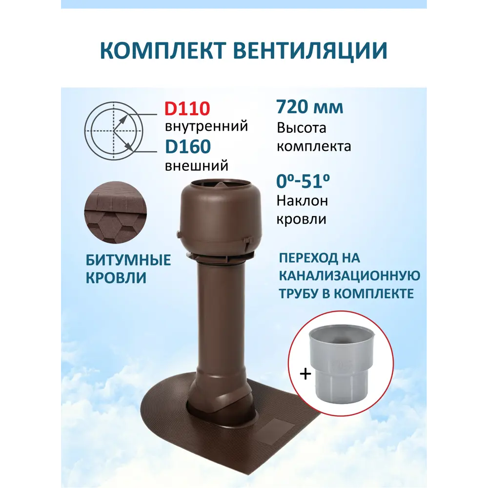 Фото Вентиляционный выход Татполимер c колпаком ⌀160мм высотой 700мм с переходом ⌀100мм для битумной кровли RAL8017 Фото Вентиляционный выход Татполимер c колпаком ⌀160мм высотой 700мм с переходом ⌀100мм для битумной кровли RAL8017